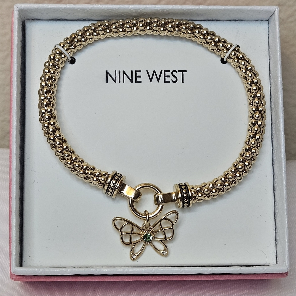 Nine West Gold-Tone Bracelet with Butterfly Charm And Green Accent NWT NIB